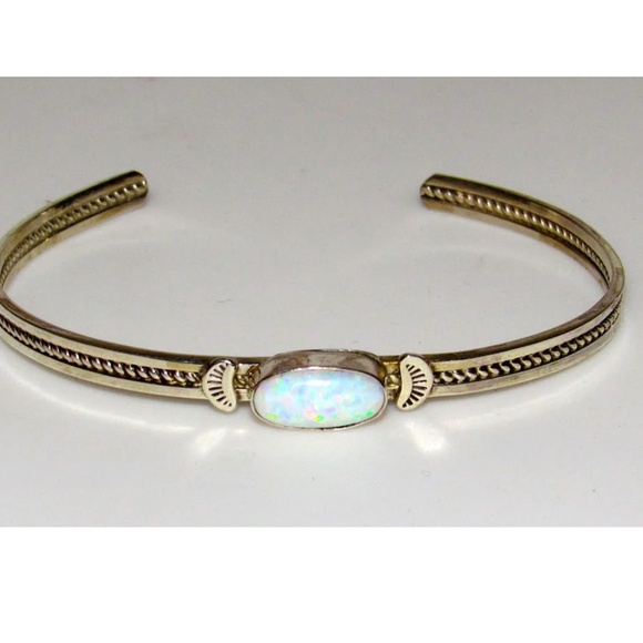 Navajo Opal Bracelet Stacker Sterling Silver Cuff Native American Signed - Picture 4 of 5